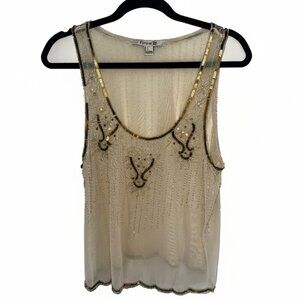 Forever 21 Beige Sheer Beaded Sequin Tank Top Size L Sleeveless Blouse